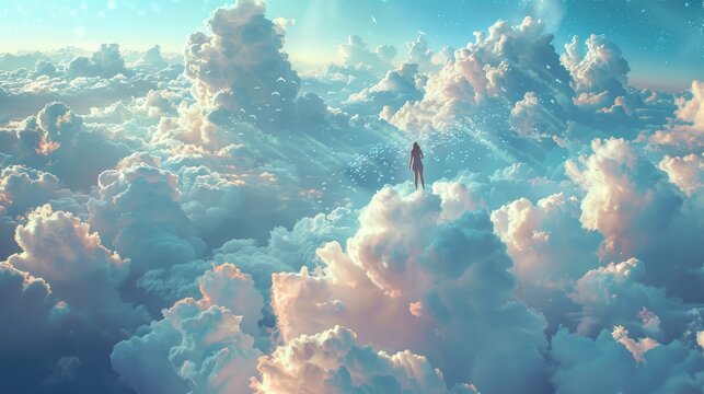 A whimsical scene of a person floating on a cloud made of accomplishments