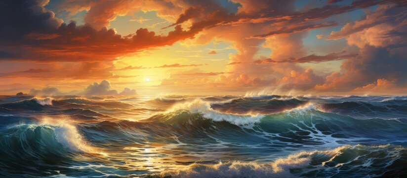 A stunning natural landscape painting capturing a vibrant sunset over the ocean with waves crashing on the shore, under a colorful sky filled with cumulus clouds and a beautiful afterglow