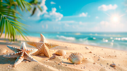 Fototapeta na wymiar starfish and shells on the seashore. selective focus.