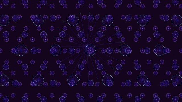 An intricate symmetrical design featuring overlapping purple circles on a black background creates a mesmerizing pattern that repeats multiple times