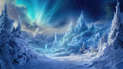 Fotobehang A magical winter wonderland at night, with ice castles, aurora borealis in the sky, and mystical creatures wandering in the snow-covered landscape. Resplendent. © Summit Art Creations