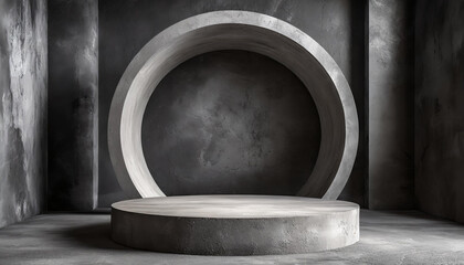 Geometric room with round podium for product presentation. Dark gray concrete walls. Futuristic architecture