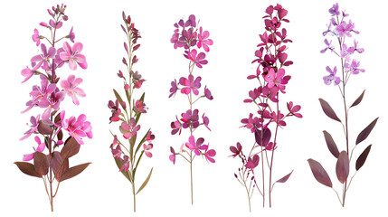 Obraz na płótnie Canvas Fireweed digital art in 3D, isolated on transparent background. Top view flat lay of vibrant purple floral nature design element. Perfect for botanical illustrations, graphic resources, and decorative