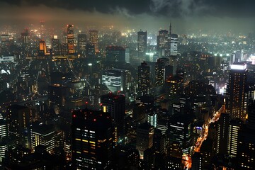 : A cityscape at night, with contrasting warm artificial lights and the cool night sky,