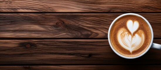 A singleorigin cortado, served in a brown coffee cup with a heart shaped latte art, placed on a wooden table