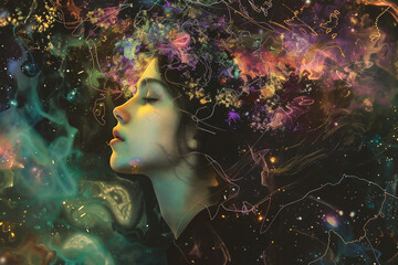 Fantasy portrait of a beautiful woman with closed eyes in space
