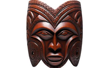 A beautifully crafted wooden mask stands out against a stark white backdrop