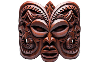 A captivating wooden mask displayed on a pristine white backdrop
