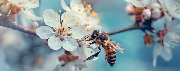 A bee collects nectar from cherry blossom flowers - obrazy, fototapety, plakaty