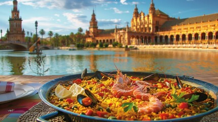 paella in Seville, spanish most traditional dish - 771685387