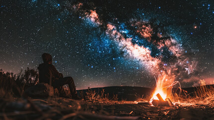 Man sitting near campfire and looking at milky way at night - Powered by Adobe
