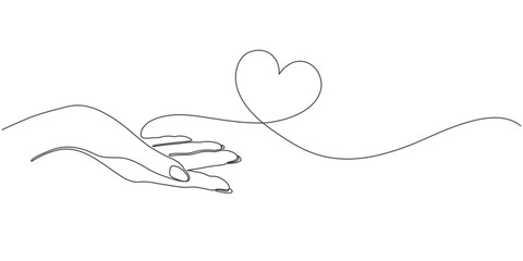 Hands holding heart continuous one line art drawing. Charity donation linear symbol. Editable line Vector illustration isolated on white.