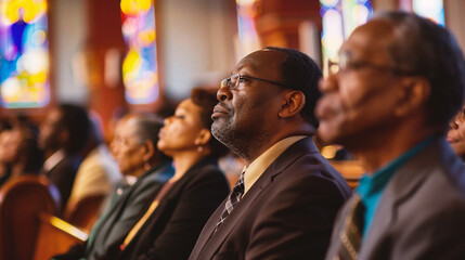Fototapeta premium Side view of an African-American man sitting in a church during a religious conference