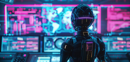 An advanced humanoid robot stands motionless as a roboticist inputs complex commands, their silhouette illuminated by the vibrant glow of futuristic monitors. - obrazy, fototapety, plakaty