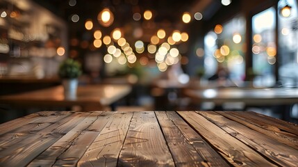 Empty wooden table top with lights bokeh on blur restaurant background ai generated   - obrazy, fototapety, plakaty