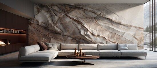 A comfortable living room with a large sectional sofa and a beautiful stone wall. The wood flooring compliments the natural elements of the room - obrazy, fototapety, plakaty