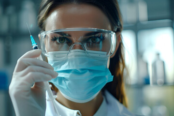A beautiful medical girl in a mask in the laboratory holds a syringe in her hand.