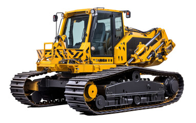 A yellow bulldozer stands boldly against a pure white backdrop