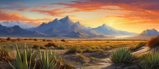 A stunning painting of a natural landscape featuring a desert with mountains in the background,...