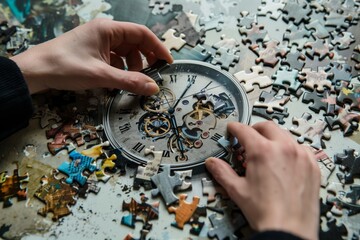 Process of piecing together and completing puzzle jigsaw, where each fragment represents a part of watch or clock. Concept of time management, self control, organizing and prioritizing tasks in life.