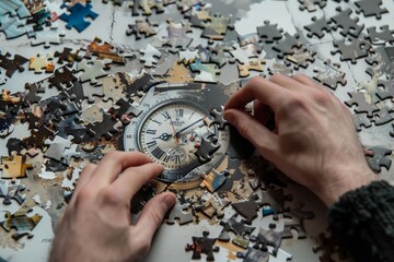 Process of piecing together and completing puzzle jigsaw, where each fragment represents a part of watch or clock. Concept of time management, self control, organizing and prioritizing tasks in life.