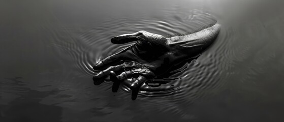 A blackened hand reaching out from the abyss grasping for light in a minimalist void - obrazy, fototapety, plakaty