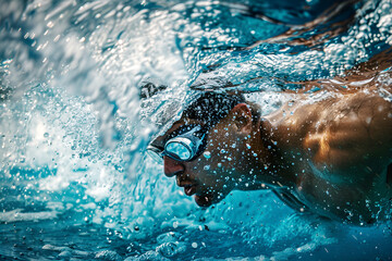 The look of a professional swimmer in a cap and goggles swimming underwater. - obrazy, fototapety, plakaty