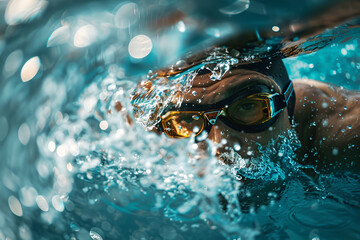 The look of a professional swimmer in a cap and goggles swimming underwater. - obrazy, fototapety, plakaty