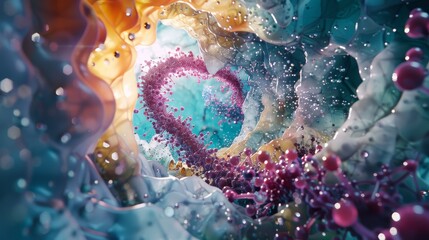 Microscopic view of a DNA-like structure with colorful beads in an ethereal aquatic environment - obrazy, fototapety, plakaty