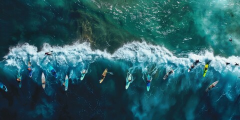 Surfers riding the crest of a wave in clear ocean waters. Exciting surfing action.