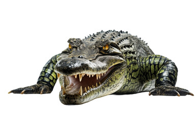 An alligator displaying its menacing jaws with teeth on full display