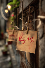 A closeup of a handwritten note that says May 4th hanging on a rusty metal fence with a blurry background of a building