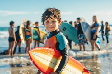Young child with surfboard on beach looking at sea. Future surfer's anticipation. - obrazy, fototapety, plakaty