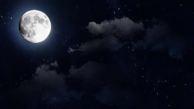 Night sky with starry sky and full moon, clouds moving on sky dream scene, a spirit astronomy or creative illustration for space topics. Cinematic quality. Astronomy Looping 3d animation 4k, 30fps 