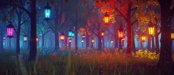 3D mystical forest clearing illuminated by multi color lanterns