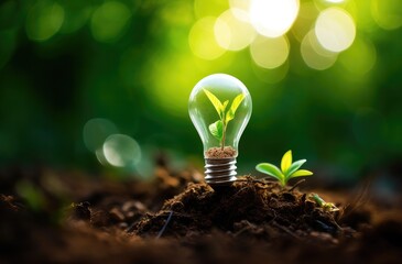 A light bulb with the tree inside is placed on soil, symbolizing environmental protection and energy conservation. It has a green background with natural sunlight. - obrazy, fototapety, plakaty