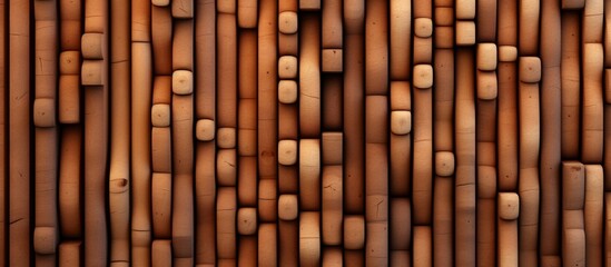 A detailed closeup of a brown hardwood wall made of wooden beams with a unique pattern and wood stain finish