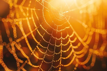 : A close-up of a spider's web with dew drops glistening in the morning light