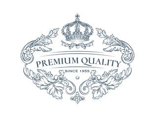 Luxury decorative vector premium quality label with crown, rococo and baroque style