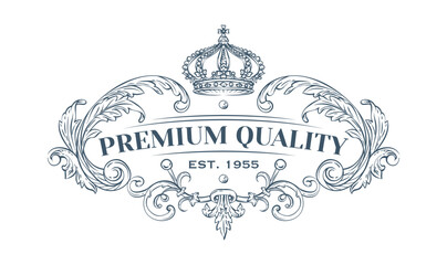 Luxury decorative vector premium quality label with crown, rococo and baroque style