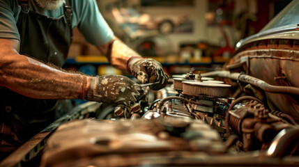 An experienced mechanic adjusts components under the hood of a car, working in a well-equipped garage.