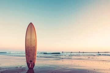 Surfboard standing on the beach at sunset. Ready to ride the evening waves. - obrazy, fototapety, plakaty