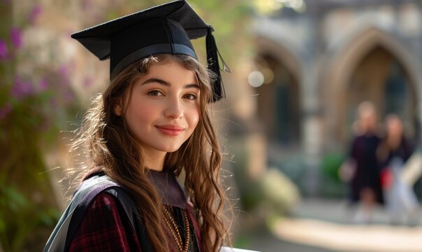 Student graduate European girl on the university blurred background. Education and study concept. Lifestyle portrait  for poster, commercial, presentation 