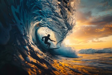 Obraz premium Silhouetted surfer riding a perfect tube wave at golden sunset. Surfing dream realized.