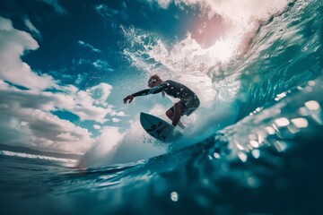Intense surfer carving a wave, water droplets frozen in time. Surfing action captured. - obrazy, fototapety, plakaty