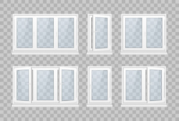 Set of pvc realistic windows and metal roller blind on a transparent background. Set of closed window with transparent glass in a white frame. Plastic products. Rollerball blind. Vector illustration