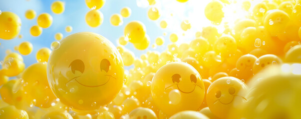 An expanse of yellow smiley balloons with bubbly effervescence against a sunny backdrop, representing happiness and positivity