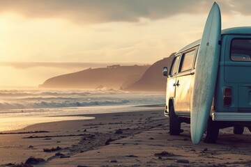 Fototapeta na wymiar Vintage van on a beach at sunset with a surfboard attached. Surfer lifestyle and adventure travel concept. Peaceful evening scene.