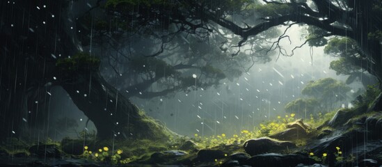 A dark forest with trees and flowers in the rain, creating a mystical and enchanting natural...