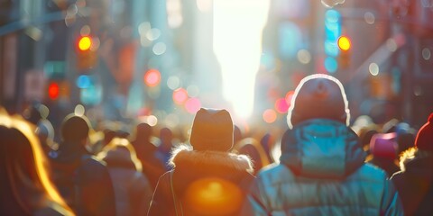 Crowd in Warm Jackets Under the Sun: Blurred Image in a Big City During Rush Hour. Concept Cityscape, Rush Hour, Busy Streets, Warm Jackets, Blurred Background - obrazy, fototapety, plakaty